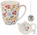 Kpl. kubek porcelanowy 350ml + porcelanowa podstawka + zaparzacz KWIATY