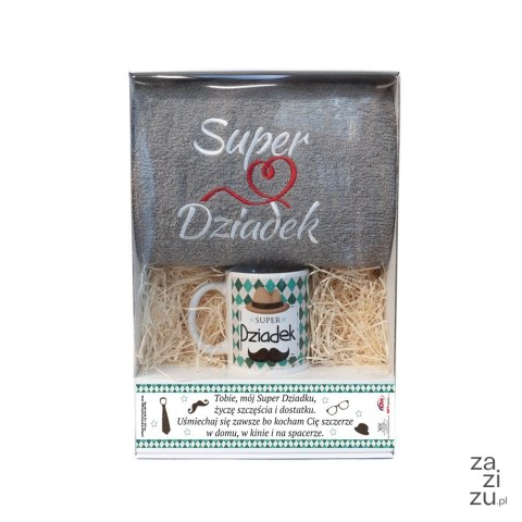 Zestaw prezentowy z szarym ręcznikiem "Super dziadek " i kubek "Super dziadek" w ozdobnym opakowaniu Zestaw prezentowy z szarym ręcznikiem "Super dziadek " i kubek "Super dziadek" w ozdobnym opakowaniu