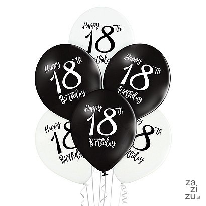 Balony 6szt. Happy Birthday 18 czarno białe | 42-88