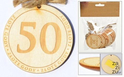 Zawieszka drewniana lub do przyklejenia z tekstem ''50'' 10 szt. ozd-005 Zawieszka drewniana lub do przyklejenia z tekstem ''50'' 10 szt. ozd-005