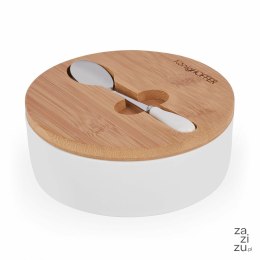 Cukiernica porcelanowa z bambusową pokrywką i łyżeczką Konighoffer 14,5 x 5 cm biała