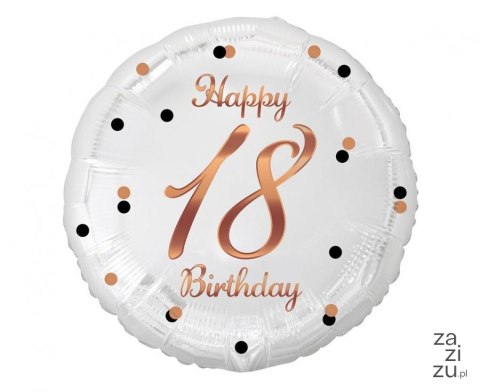Balon foliowy B&C Happy 18 Birthday biały, nadruk różowo-złoty 18" | FG-O18B