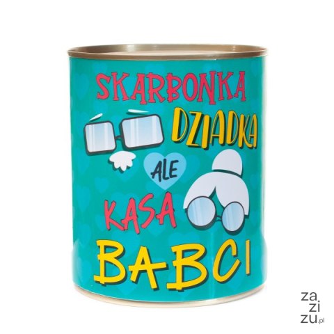 Skarbonka metalowa urodzinowa z napisem " Skarbonka DZIADKA ale kasa BABCI". 10x11.6 cm