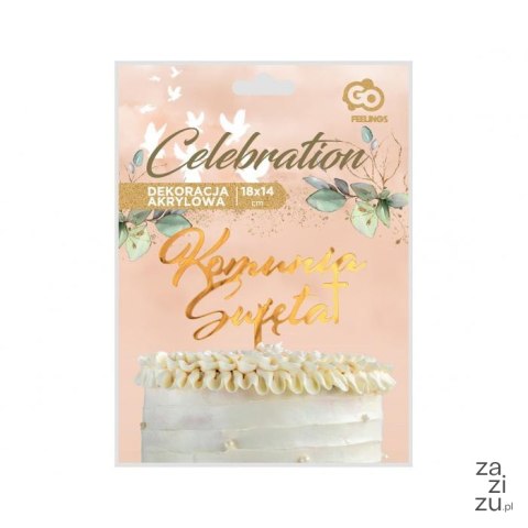 Dekoracja akrylowa na tort Komunia Święta, złota, 18 x 14 cm PF-DAKS