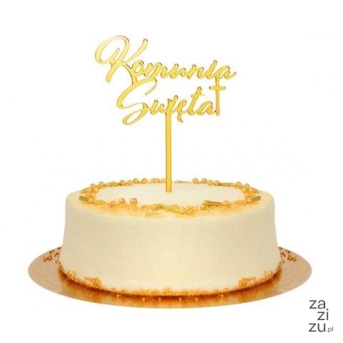 Dekoracja akrylowa na tort Komunia Święta, złota, 18 x 14 cm PF-DAKS