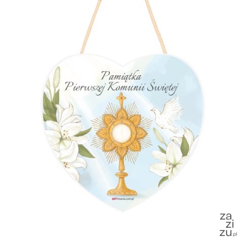 Drewniana tabliczka w kształcie serca druk UV z napisem "Pamiątka Pierwszej Komunii Świętej" Drewniana tabliczka w kształcie serca druk UV z napisem "Pamiątka Pierwszej Komunii Świętej"