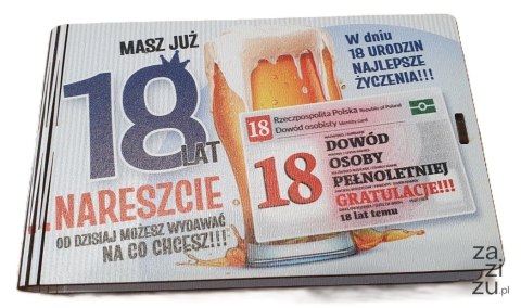 Pudełko na pieniądze 16 x 9,5cm banknotówka na 18 urodziny kolor DOWÓD CHŁOPAK 3302-DC18